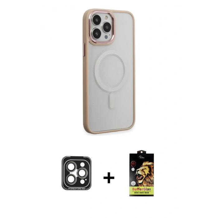 MARSİLYAN™- iPhone 15 Pro Max Kılıf Yankı Işık Özel Seri - Siyah Buffer Cam Ekran Koruyucu + Gri PVD Metal Kamera Lens