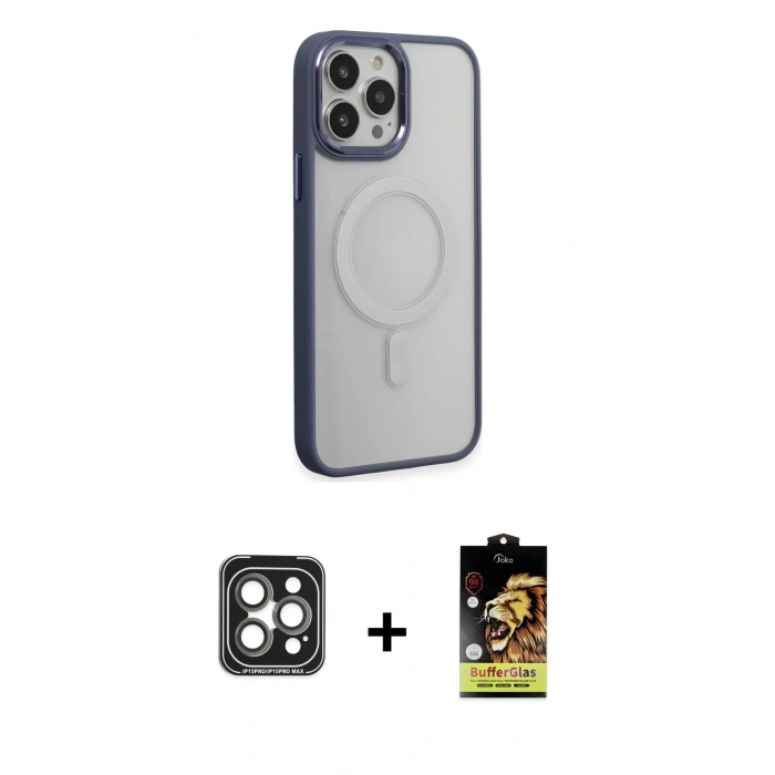 MARSİLYAN™- iPhone 15 Pro Max Kılıf Yankı Işık Özel Seri - Siyah Buffer Cam Ekran Koruyucu + Gri PVD Metal Kamera Lens