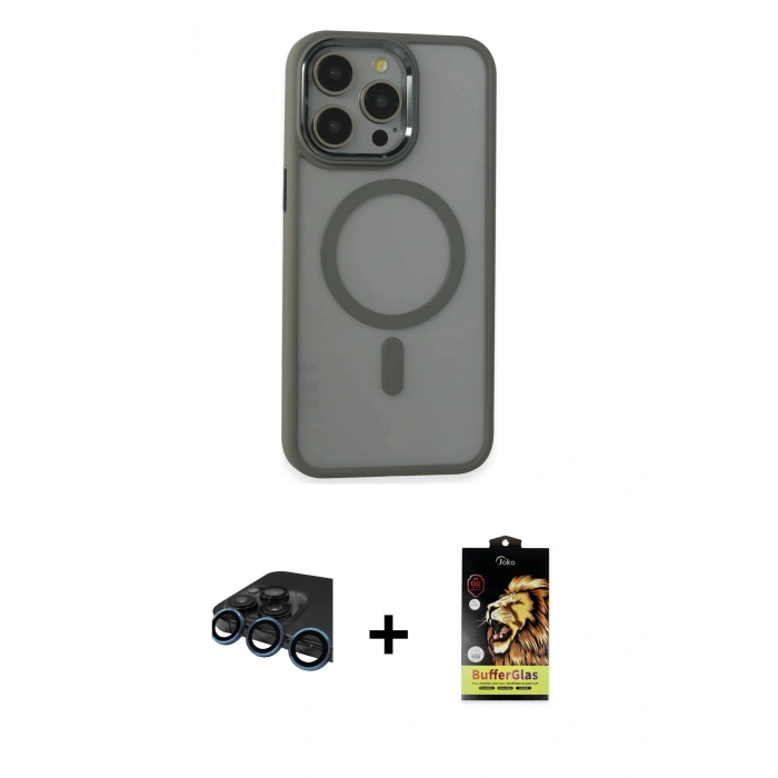 MARSİLYAN™- iPhone 15 Pro Max Kılıf Yankı Işık Özel Seri - Siyah Buffer Cam Ekran Koruyucu + Raze Metal Kamera Lens - LT