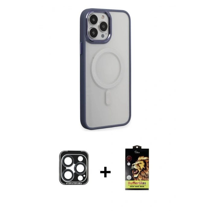 MARSİLYAN™- iPhone 15 Pro Max Kılıf Yankı Işık Özel Seri - Siyah Buffer Cam Ekran Koruyucu + PVD Metal Kamera Lens - LT