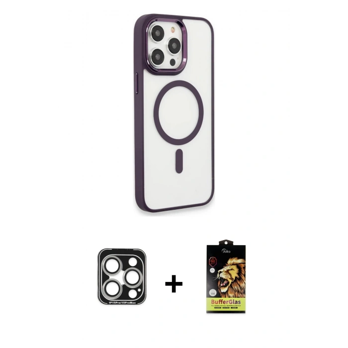 MARSİLYAN™- iPhone 15 Pro Max Kılıf Yankı Işık Özel Seri - Siyah Buffer Cam Ekran Koruyucu + PVD Metal Kamera Lens - GS