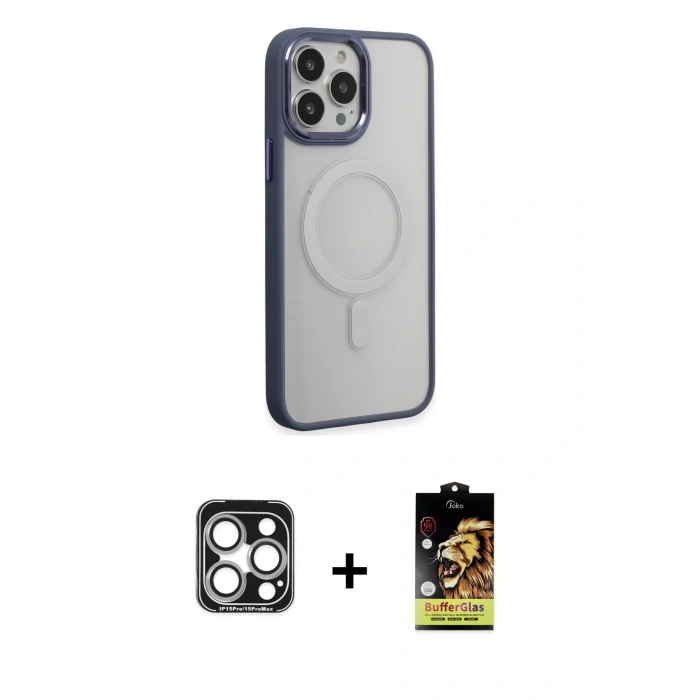 MARSİLYAN™- iPhone 15 Pro Max Kılıf Yankı Işık Özel Seri - Siyah Buffer Cam Ekran Koruyucu + PVD Metal Kamera Lens - GS