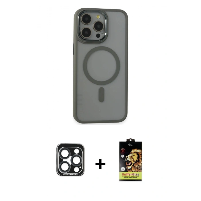 MARSİLYAN™- iPhone 15 Pro Max Kılıf Yankı Işık Özel Seri - Siyah Buffer Cam Ekran Koruyucu + PVD Metal Kamera Lens - LT