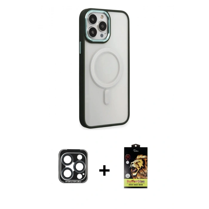 MARSİLYAN™- iPhone 15 Pro Max Kılıf Yankı Işık Özel Seri - Siyah Buffer Cam Ekran Koruyucu + PVD Metal Kamera Lens - LT