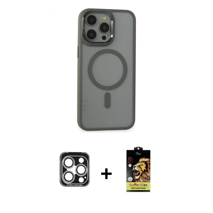 MARSİLYAN™- iPhone 15 Pro Max Kılıf Yankı Işık Özel Seri - Siyah Buffer Cam Ekran Koruyucu + PVD Metal Kamera Lens - GS