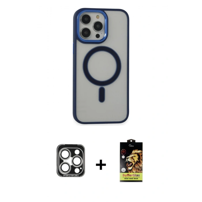 MARSİLYAN™- iPhone 15 Pro Max Kılıf Yankı Işık Özel Seri - Siyah Buffer Cam Ekran Koruyucu + PVD Metal Kamera Lens - GS