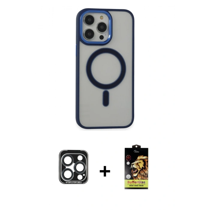 MARSİLYAN™- iPhone 15 Pro Max Kılıf Yankı Işık Özel Seri - Siyah Buffer Cam Ekran Koruyucu + PVD Metal Kamera Lens - LT