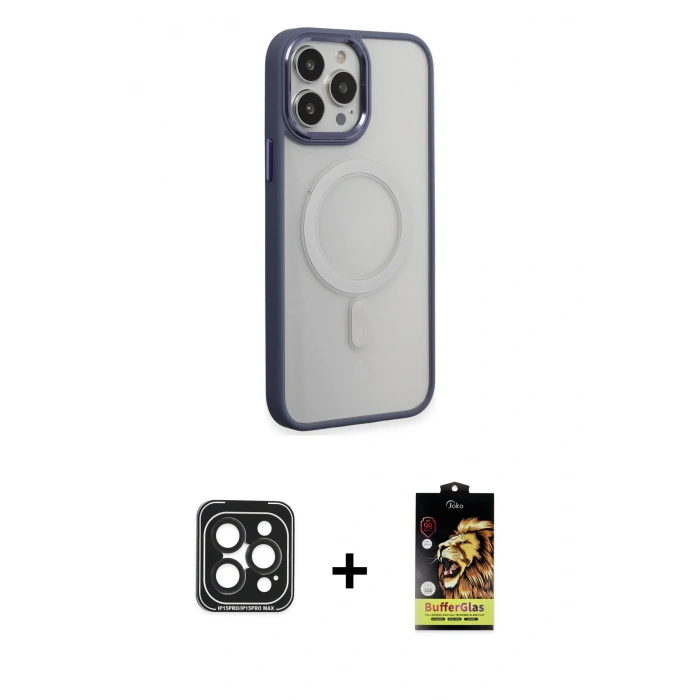 MARSİLYAN™- iPhone 15 Pro Max Kılıf Yankı Işık Özel Seri - Siyah Buffer Cam Ekran Koruyucu + PVD Metal Kamera Lens - SH