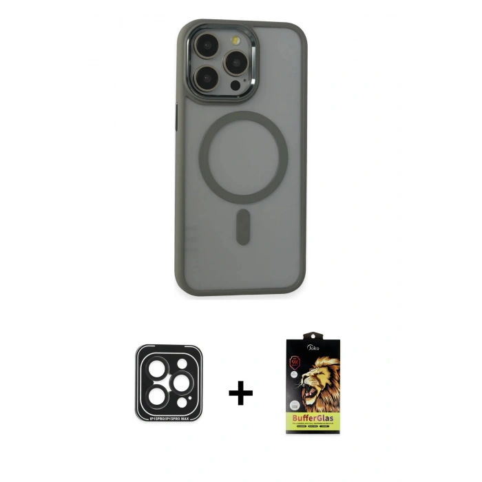 MARSİLYAN™- iPhone 15 Pro Max Kılıf Yankı Işık Özel Seri - Siyah Buffer Cam Ekran Koruyucu + PVD Metal Kamera Lens - SH
