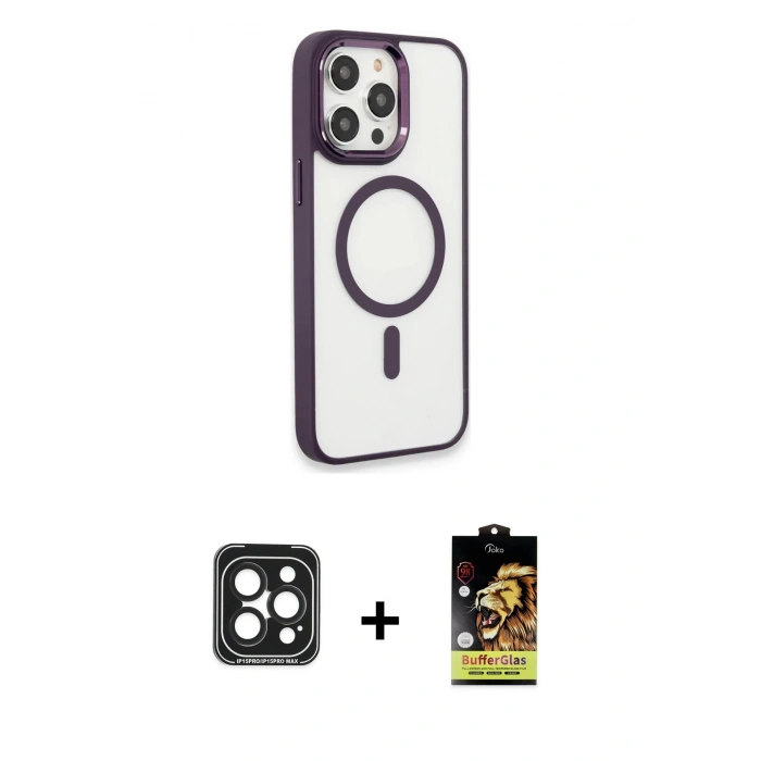 MARSİLYAN™- iPhone 15 Pro Max Kılıf Yankı Işık Özel Seri - Siyah Buffer Cam Ekran Koruyucu + PVD Metal Kamera Lens - SH