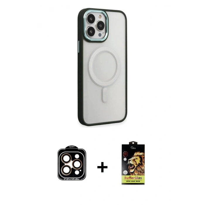 MARSİLYAN™- iPhone 15 Pro Max Kılıf Yankı Işık Özel Seri - Siyah Buffer Cam Ekran Koruyucu + Turuncu PVD Metal Kamera Lens