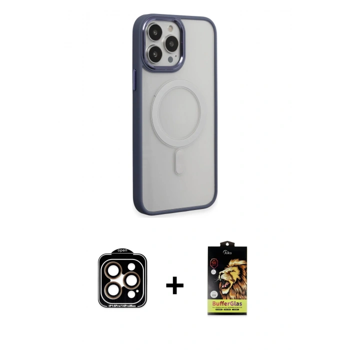 MARSİLYAN™- iPhone 15 Pro Max Kılıf Yankı Işık Özel Seri - Siyah Buffer Cam Ekran Koruyucu + Turuncu PVD Metal Kamera Lens
