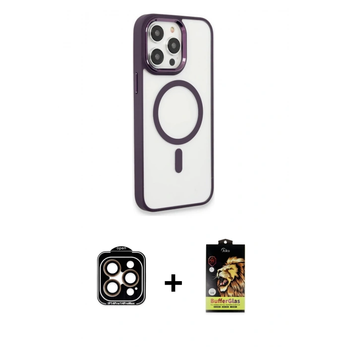 MARSİLYAN™- iPhone 15 Pro Max Kılıf Yankı Işık Özel Seri - Siyah Buffer Cam Ekran Koruyucu + Turuncu PVD Metal Kamera Lens