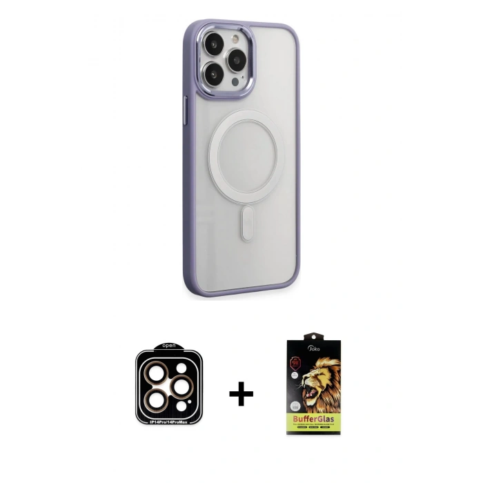MARSİLYAN™- iPhone 15 Pro Max Kılıf Yankı Işık Özel Seri - Siyah Buffer Cam Ekran Koruyucu + Turuncu PVD Metal Kamera Lens