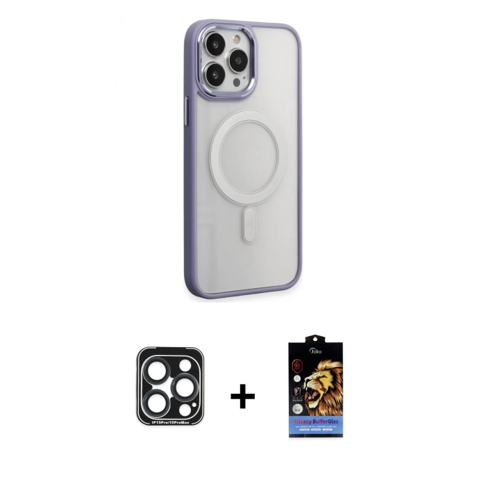 MARSİLYAN™- iPhone 15 Pro Max Kılıf Yankı Işık Özel Seri - Siyah Buffer Hayalet Cam Ekran Koruyucu + PVD Metal Kamera Lens - LT