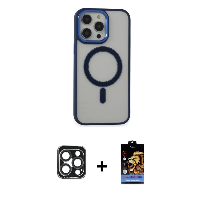 MARSİLYAN™- iPhone 15 Pro Max Kılıf Yankı Işık Özel Seri - Siyah Buffer Hayalet Cam Ekran Koruyucu + PVD Metal Kamera Lens - LT