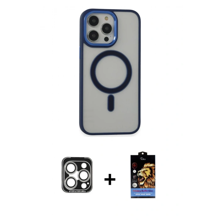 MARSİLYAN™- iPhone 15 Pro Max Kılıf Yankı Işık Özel Seri - Siyah Buffer Hayalet Cam Ekran Koruyucu + PVD Metal Kamera Lens - GS