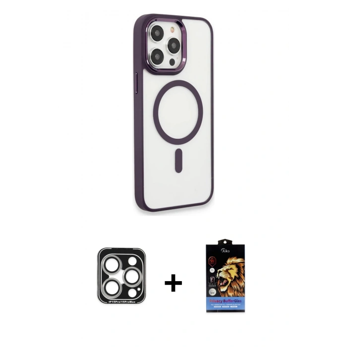 MARSİLYAN™- iPhone 15 Pro Max Kılıf Yankı Işık Özel Seri - Siyah Buffer Hayalet Cam Ekran Koruyucu + PVD Metal Kamera Lens - GS