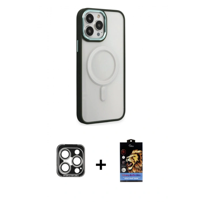 MARSİLYAN™- iPhone 15 Pro Max Kılıf Yankı Işık Özel Seri - Siyah Buffer Hayalet Cam Ekran Koruyucu + PVD Metal Kamera Lens - GS