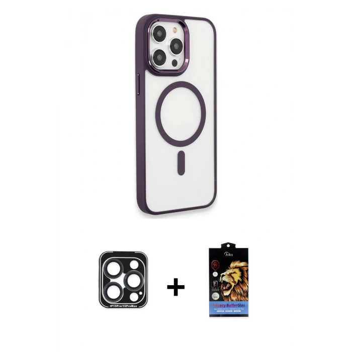 MARSİLYAN™- iPhone 15 Pro Max Kılıf Yankı Işık Özel Seri - Siyah Buffer Hayalet Cam Ekran Koruyucu + PVD Metal Kamera Lens - LT