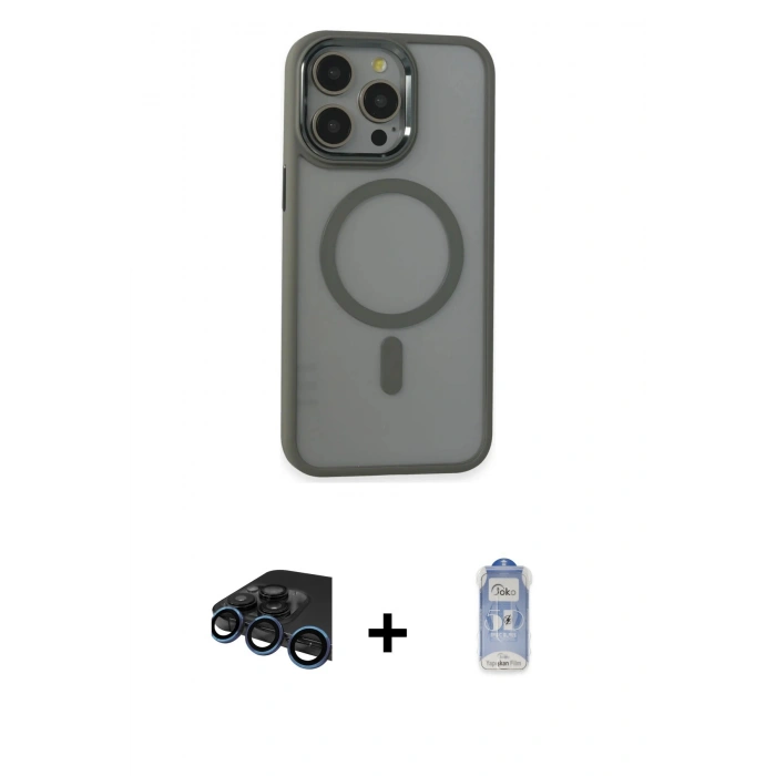 MARSİLYAN™- iPhone 15 Pro Max Kılıf Yankı Işık Özel Seri - Siyah Joko Magic 5D Cam + Lacivert Raze Metal Kamera Lens