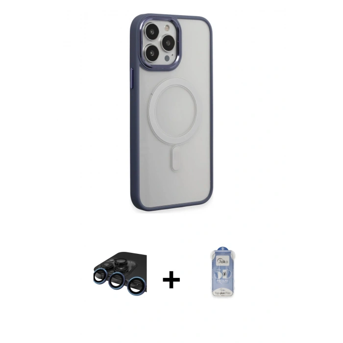 MARSİLYAN™- iPhone 15 Pro Max Kılıf Yankı Işık Özel Seri - Siyah Joko Magic 5D Cam + Lacivert Raze Metal Kamera Lens