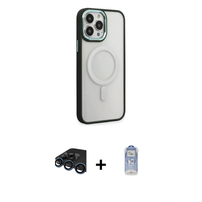 MARSİLYAN™- iPhone 15 Pro Max Kılıf Yankı Işık Özel Seri - Siyah Joko Magic 5D Cam + Lacivert Raze Metal Kamera Lens