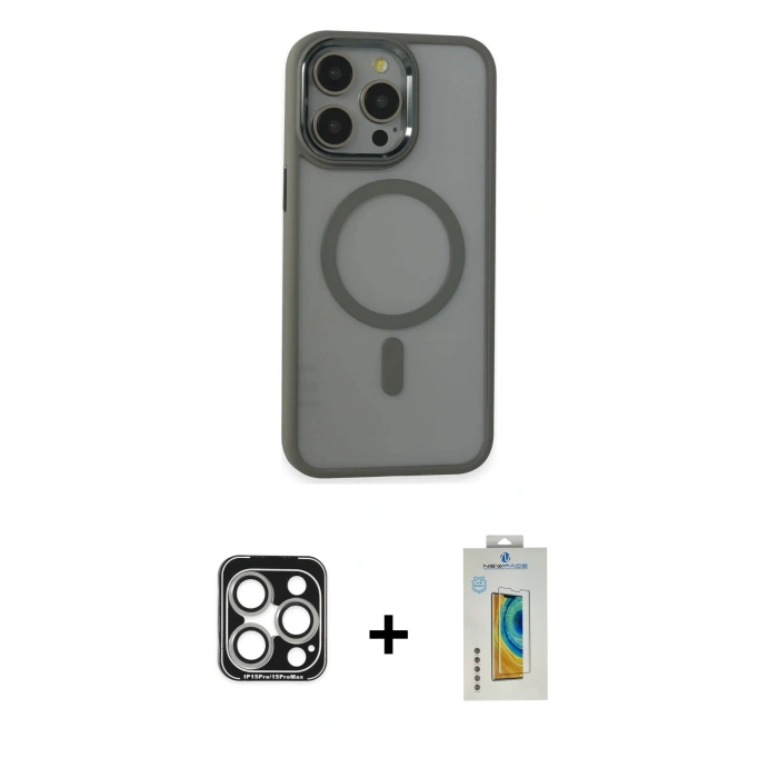 MARSİLYAN™- iPhone 15 Pro Max Kılıf Yankı Işık Özel Seri - Siyah Polymer Nano Ekran Koruyucu + PVD Metal Kamera Lens - GS