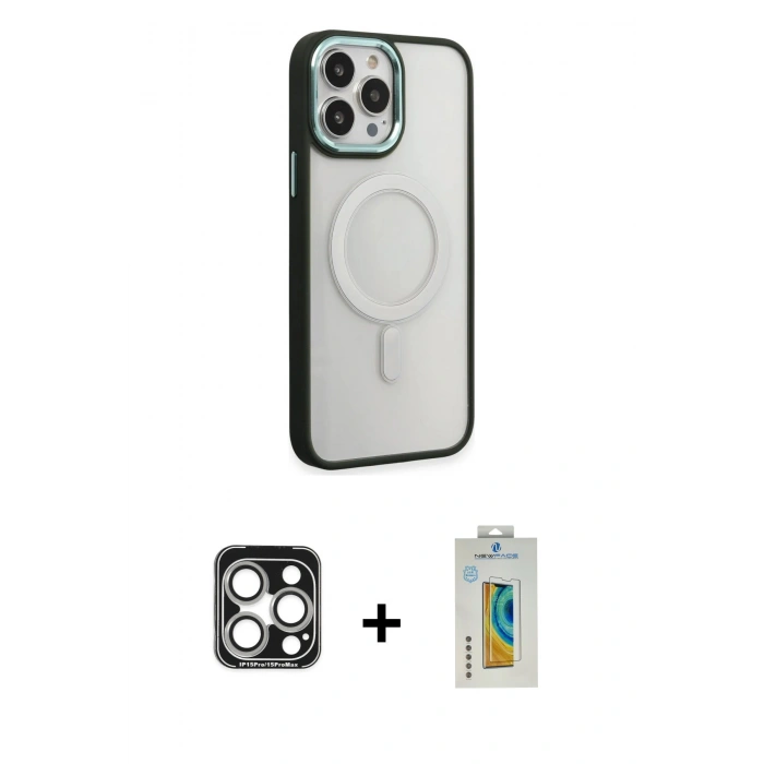 MARSİLYAN™- iPhone 15 Pro Max Kılıf Yankı Işık Özel Seri - Siyah Polymer Nano Ekran Koruyucu + PVD Metal Kamera Lens - GS