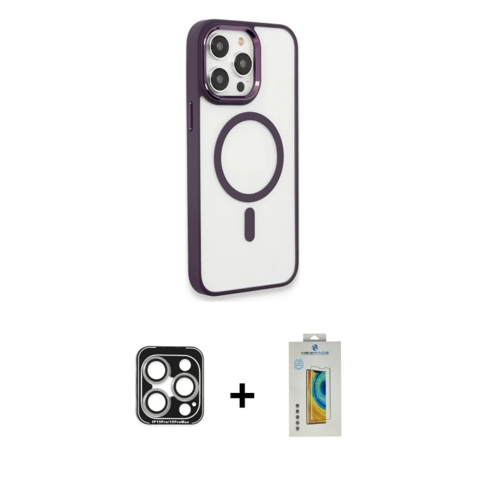 MARSİLYAN™- iPhone 15 Pro Max Kılıf Yankı Işık Özel Seri - Siyah Polymer Nano Ekran Koruyucu + PVD Metal Kamera Lens - GS