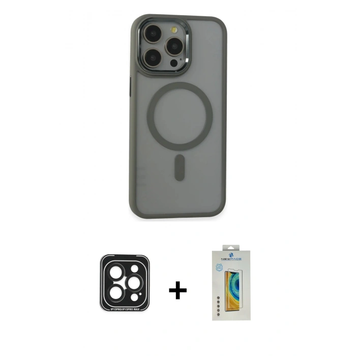 MARSİLYAN™- iPhone 15 Pro Max Kılıf Yankı Işık Özel Seri - Siyah Polymer Nano Ekran Koruyucu + PVD Metal Kamera Lens - SH