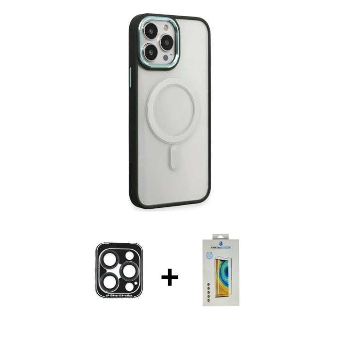 MARSİLYAN™- iPhone 15 Pro Max Kılıf Yankı Işık Özel Seri - Siyah Polymer Nano Ekran Koruyucu + PVD Metal Kamera Lens - LT