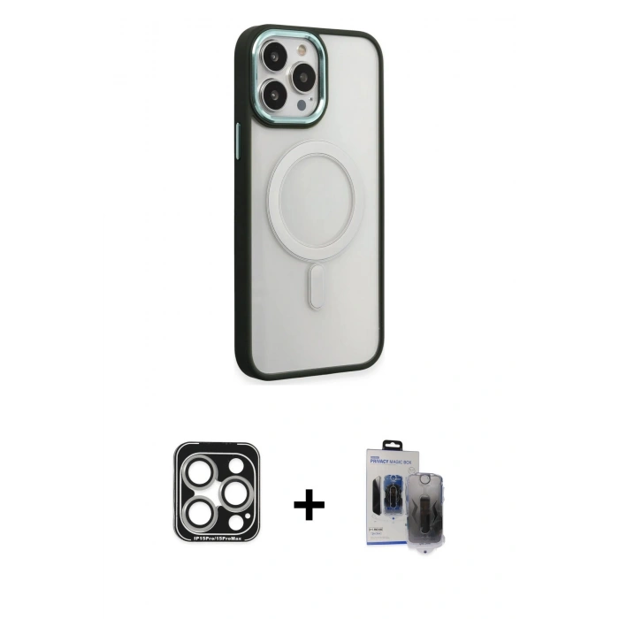 MARSİLYAN™- iPhone 15 Pro Max Kılıf Yankı Işık Özel Seri - Siyah Vanessa Magic Hayalet Cam + PVD Metal Kamera Lens - GS