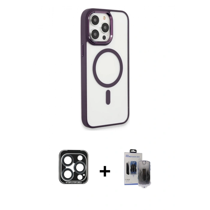 MARSİLYAN™- iPhone 15 Pro Max Kılıf Yankı Işık Özel Seri - Siyah Vanessa Magic Hayalet Cam + PVD Metal Kamera Lens - LT