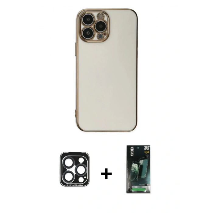 MARSİLYAN™- iPhone 15 Pro Max Kılıf Yankı Serisi - Şeffaf 360 Full Body Arka Koruyucu + PVD Metal Kamera Lens - LT