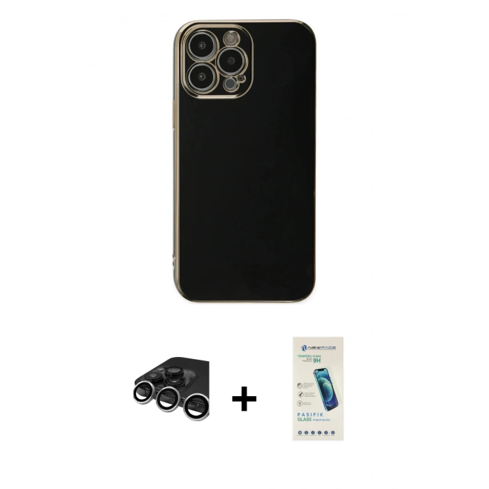 MARSİLYAN™- iPhone 15 Pro Max Kılıf Yankı Serisi - Şeffaf Pasifik Cam Ekran Koruyucu + Raze Metal Kamera Lens - GS