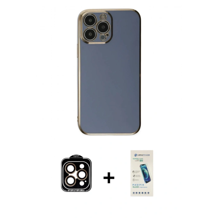 MARSİLYAN™- iPhone 15 Pro Max Kılıf Yankı Serisi - Şeffaf Pasifik Cam Ekran Koruyucu + Turuncu PVD Metal Kamera Lens