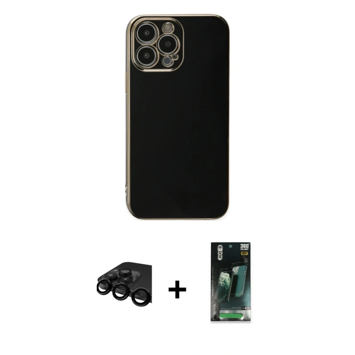 MARSİLYAN™- iPhone 15 Pro Max Kılıf Yankı Serisi - Siyah 360 Mat Full Body Arka Koruyucu + Raze Metal Kamera Lens - SH