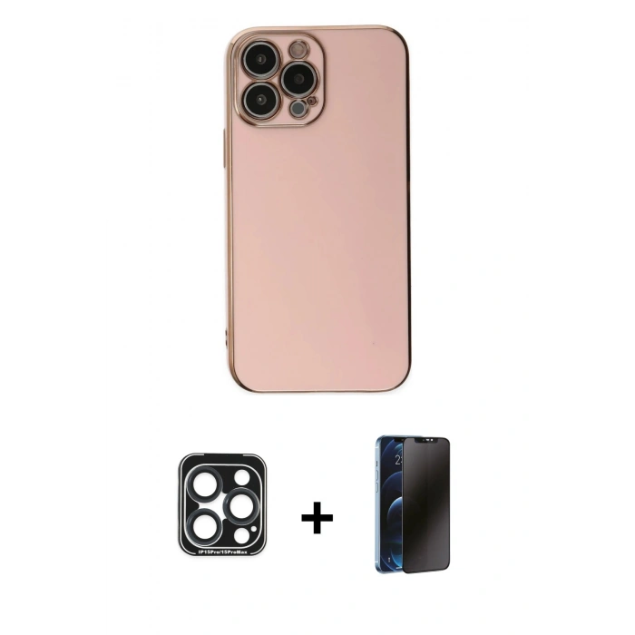 MARSİLYAN™- iPhone 15 Pro Max Kılıf Yankı Serisi - Siyah 3D Antistatik Hayalet Cam Ekran Koruyucu + PVD Metal Kamera Lens - LT