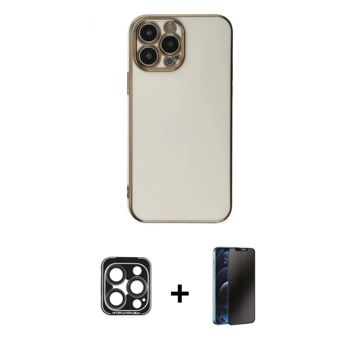 MARSİLYAN™- iPhone 15 Pro Max Kılıf Yankı Serisi - Siyah 3D Antistatik Hayalet Cam Ekran Koruyucu + PVD Metal Kamera Lens - LT