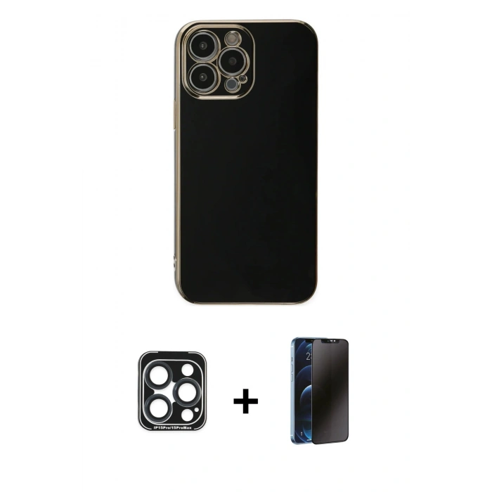 MARSİLYAN™- iPhone 15 Pro Max Kılıf Yankı Serisi - Siyah 3D Antistatik Hayalet Cam Ekran Koruyucu + PVD Metal Kamera Lens - LT