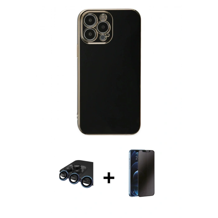 MARSİLYAN™- iPhone 15 Pro Max Kılıf Yankı Serisi - Siyah 3D Antistatik Hayalet Cam Ekran Koruyucu + Raze Metal Kamera Lens - LT