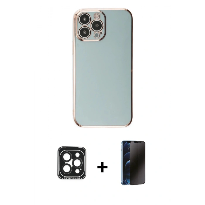 MARSİLYAN™- iPhone 15 Pro Max Kılıf Yankı Serisi - Siyah 3D Antistatik Hayalet Cam Ekran Koruyucu + PVD Metal Kamera Lens - SH