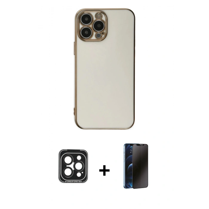 MARSİLYAN™- iPhone 15 Pro Max Kılıf Yankı Serisi - Siyah 3D Antistatik Hayalet Cam Ekran Koruyucu + PVD Metal Kamera Lens - SH