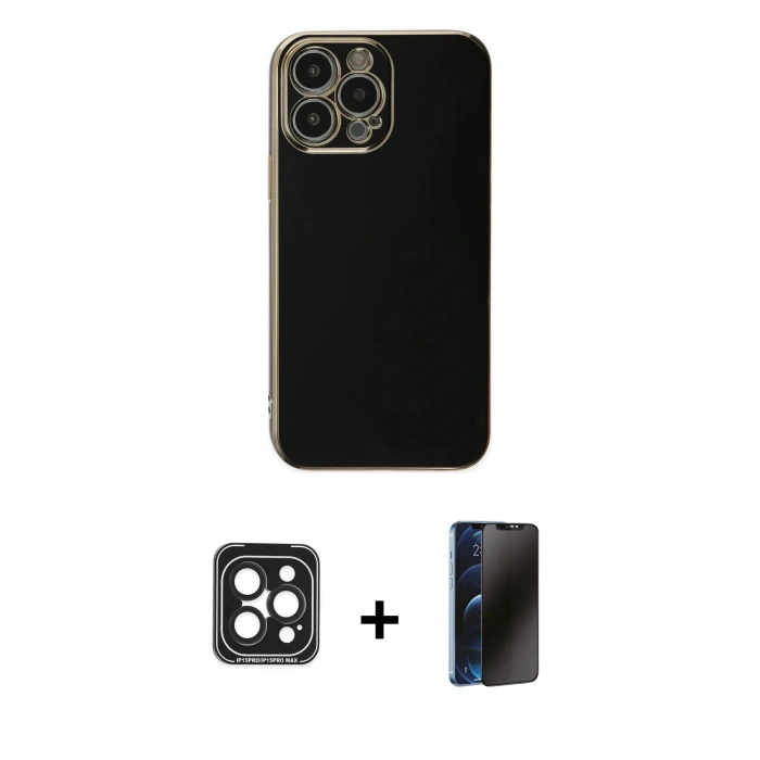 MARSİLYAN™- iPhone 15 Pro Max Kılıf Yankı Serisi - Siyah 3D Antistatik Hayalet Cam Ekran Koruyucu + PVD Metal Kamera Lens - SH