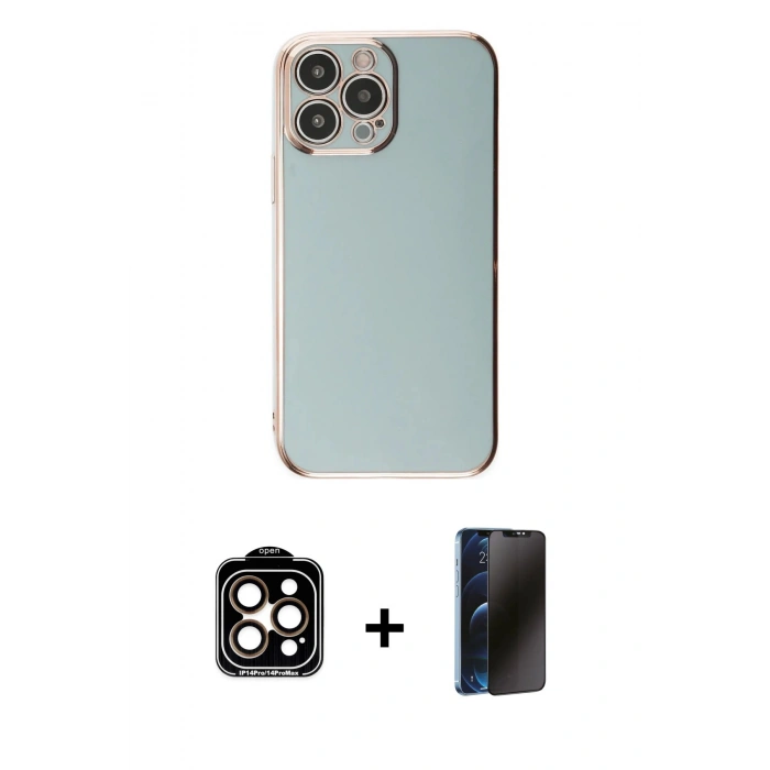 MARSİLYAN™- iPhone 15 Pro Max Kılıf Yankı Serisi - Siyah 3D Antistatik Hayalet Cam Ekran Koruyucu + Turuncu PVD Metal Kamera Lens
