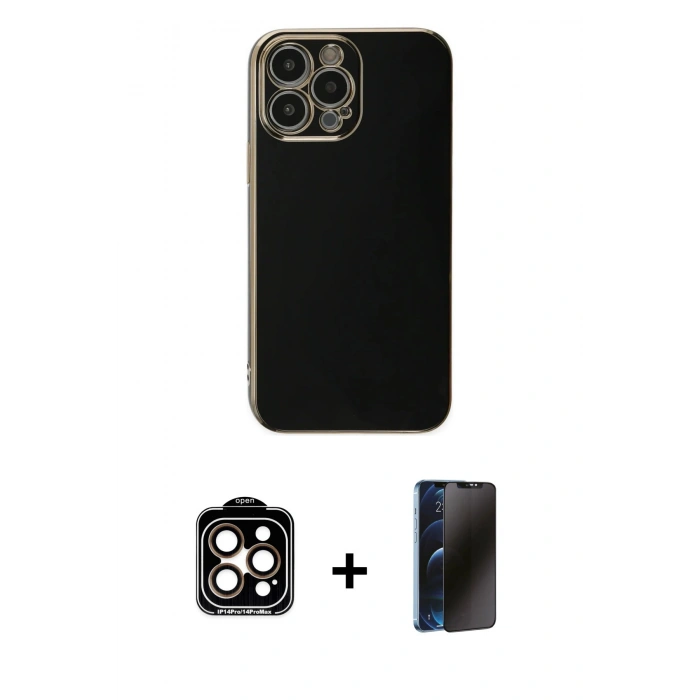 MARSİLYAN™- iPhone 15 Pro Max Kılıf Yankı Serisi - Siyah 3D Antistatik Hayalet Cam Ekran Koruyucu + Turuncu PVD Metal Kamera Lens