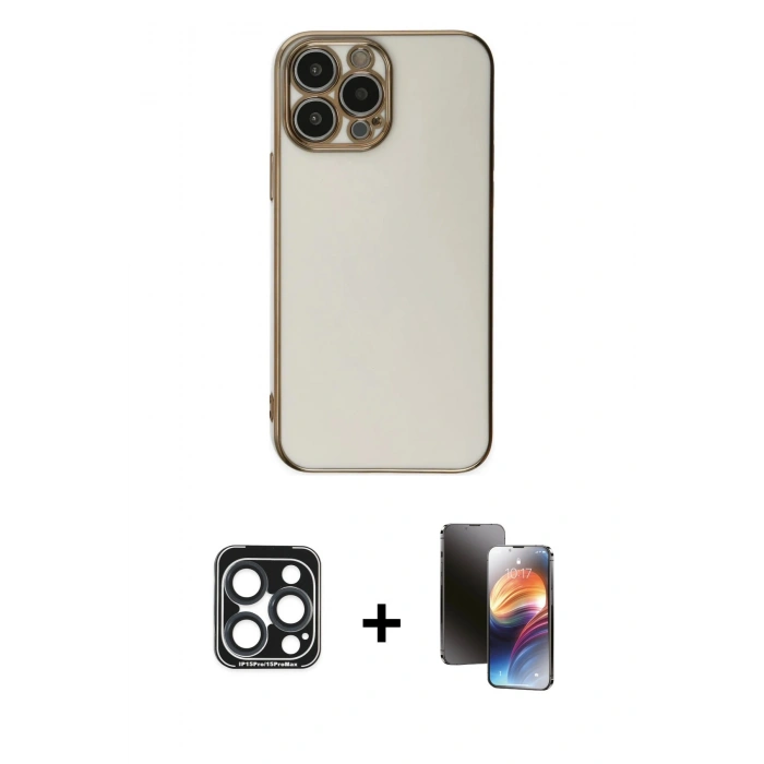 MARSİLYAN™- iPhone 15 Pro Max Kılıf Yankı Serisi - Siyah 3D Antistatik Mat Seramik Nano Ekran Koruyucu + Lacivert PVD Metal Kamera Lens