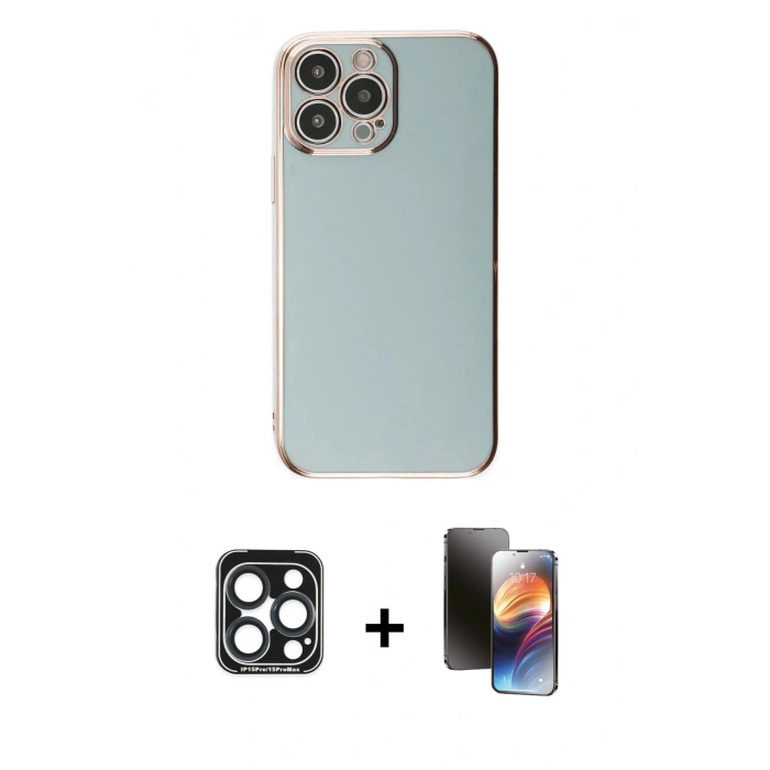 MARSİLYAN™- iPhone 15 Pro Max Kılıf Yankı Serisi - Siyah 3D Antistatik Mat Seramik Nano Ekran Koruyucu + Lacivert PVD Metal Kamera Lens