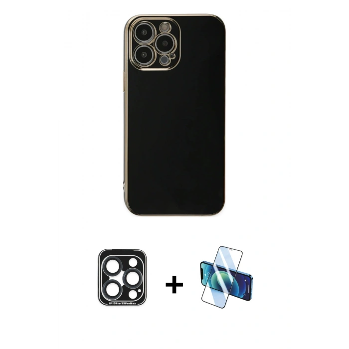 MARSİLYAN™- iPhone 15 Pro Max Kılıf Yankı Serisi - Siyah 3D Antistatik Seramik Nano Ekran Koruyucu + PVD Metal Kamera Lens - LT